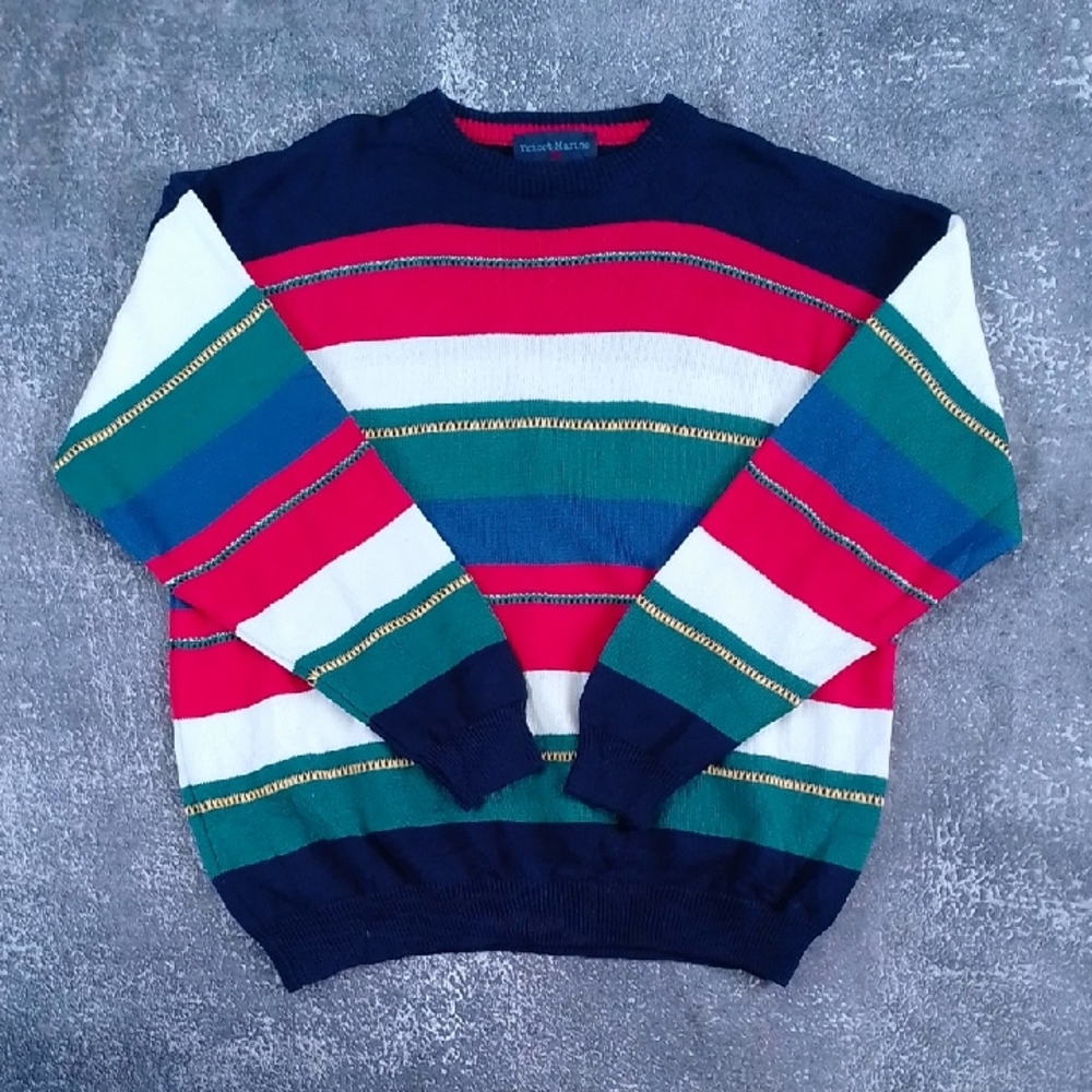 Vintage 90s Tricot Marine Navy and Red Striped Crewneck Sweater